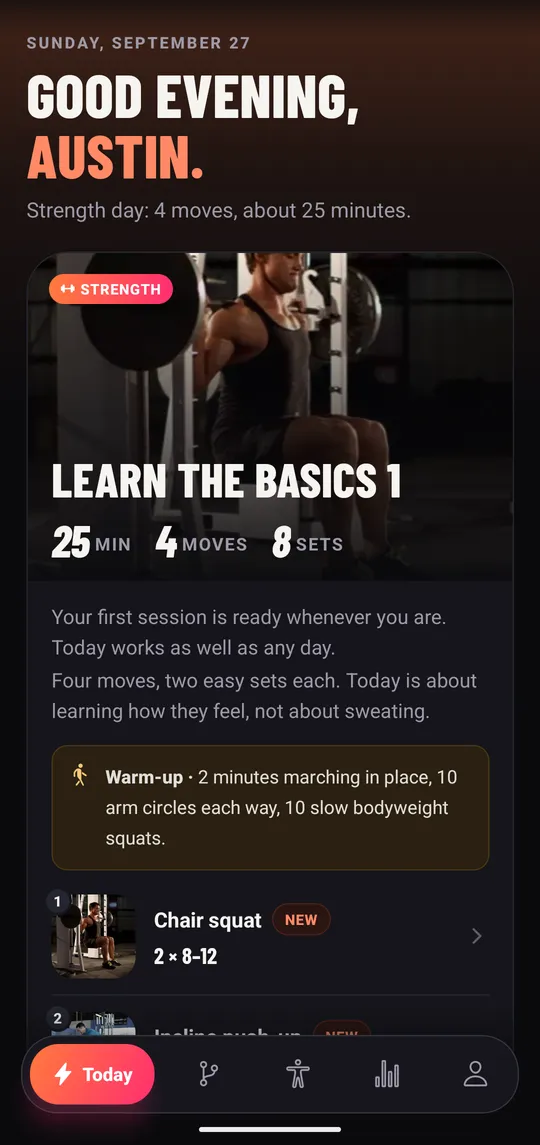 Starter Set's Today screen: a 25-minute strength session with chair squats and incline push-ups